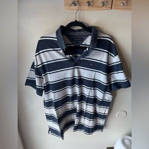 Tommy Hilfiger Men’s XL Polo Shirt Stretch Cotton Navy Blue Grey Striped